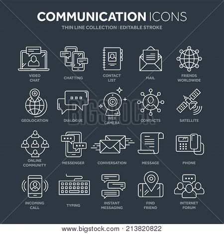 Communication. Social media. Online chatting. Phone call, app messenger. Mobile, smartphone. Computing.Email. Thin line blue web icon set. Outline icons collection. Vector illustration.