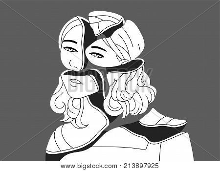 Depressed young woman broken into pieces. Concept of ego death or complete loss of self identity, fatigue, mental disorder or psychological problem. Vector illustration in black and white colors