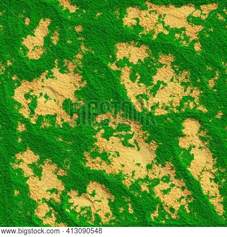 Seamless Texture Green Oasis Sand And Vegetation Top View.