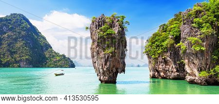 Panorama Of Famous James Bond Island Near Phuket In Thailand. Travel Photo Of James Bond Island With