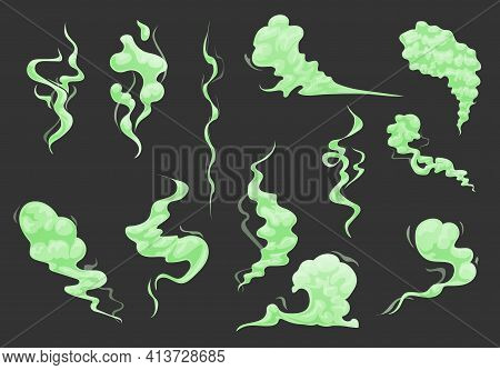 Cartoon Bad Green Smell Clouds, Smoke And Toxic Steam Set. Vector Stench Or Stink, Fume Trails, Disg