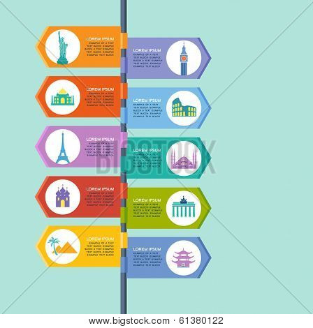 Infographics elements: Travel and Famous Landmarks. Travel concept with stylish colorful icons and guidepost