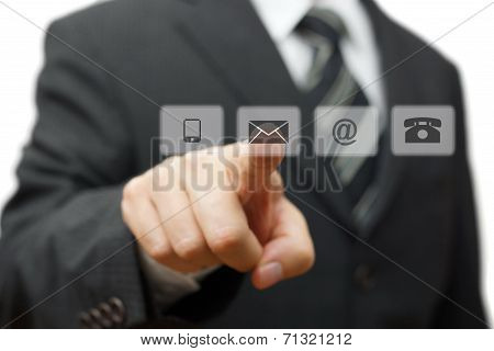 Businessman Pressing Virtual ( Mail,phone,email ) Buttons. Cutomer Support Concept