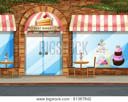 Illustration of a bakery shop with glass windows