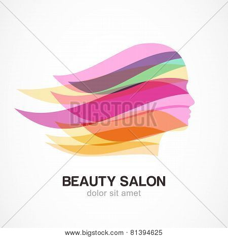 Beautiful Girl Silhouette With Colorful Streaming Hair. Abstract Design Concept For Beauty Salon, Ma