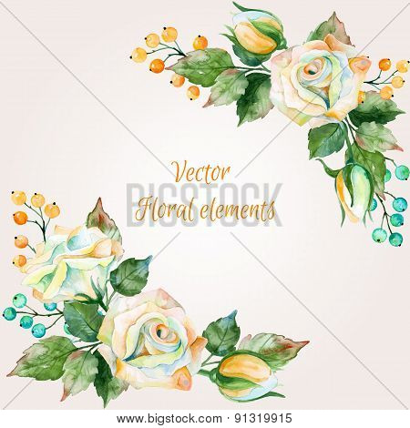 Set of watercolor floral bouquets for design. Illustration of white roses.