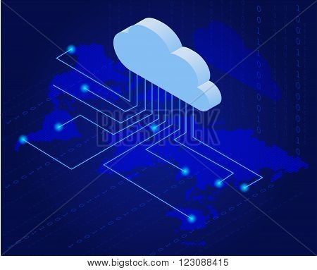 Bitcoin in cloud. Bitcoin mining isometric flat vector concept. Cloud technology. Virtual money. Flat 3d isometry isometric online mining bitcoin concept