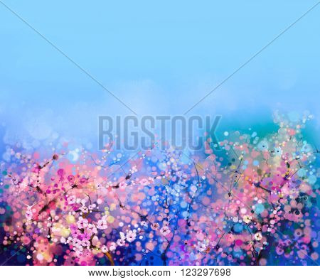 Watercolor painting Cherry blossoms - Japanese cherry - Sakura floral with blue sky. Pink flowers in soft color with blurred nature background. Spring flower seasonal nature background with bokeh