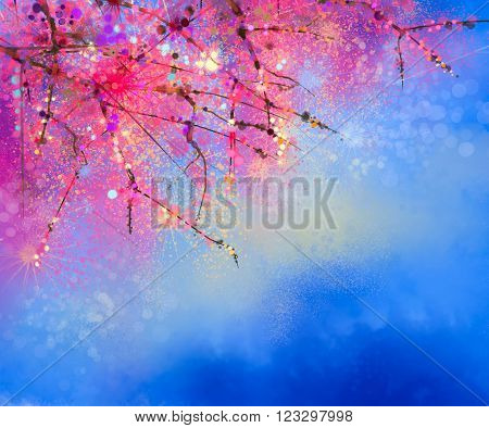 Watercolor painting Cherry blossoms - Japanese cherry - Sakura floral with blue sky. Pink flowers in soft color with blurred nature background. Spring flower seasonal nature background with bokeh