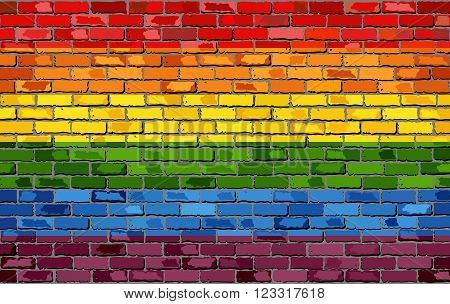 Gay pride flag on a brick wall - Illustration, Rainbow flag on brick textured background, Flag of gay pride movement painted on brick wall,Gay and transgender community in brick style