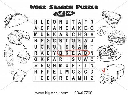 Educational game for kids word search. Word search puzzle with fast-food. Worksheet for class or at home with the kids. A4 size. Horizontal orientation.