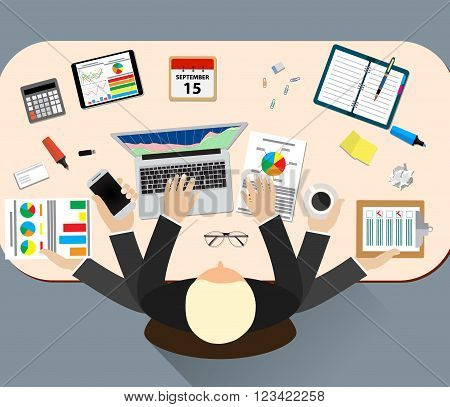 Office job stress work vector illustration. Stress on work. Business man many hands. Office life business man. Business situation. People action. Computer, table, many hands. Office people. Stress job