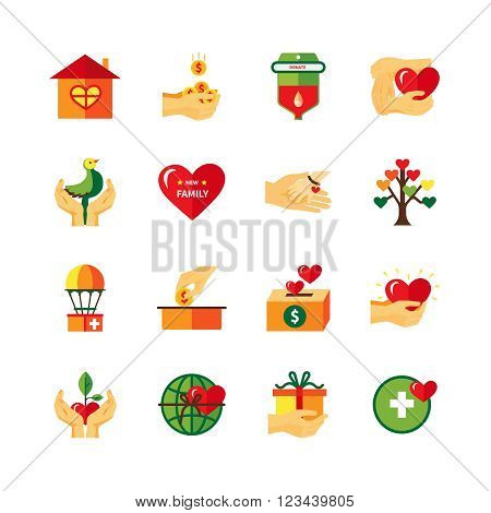 Non profit charity organizations symbols of fundraising donations and love flat icons collection abstract isolated vector illustrati