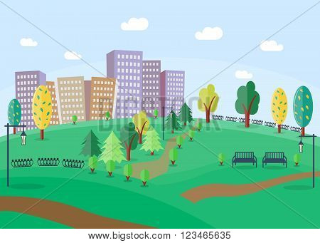 City Park with benches and trees. Park in the town. Park on the background of skyscrapers. Green park in the city. Flat style. Vector illustration