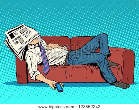 rest fatigue sleep on the couch Siesta pop art style retro. Businessman tired. A man sleeps. Laziness and a bad day