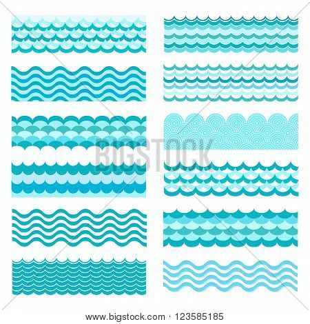 Collection of marine waves. Sea wavy ocean art water design. Vector illustration. Sea wave pattern. Ocean vector wave texture. Types of water waves. River wave cartoon pattern.