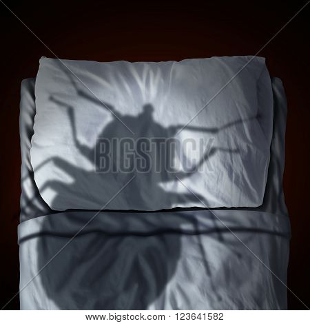 Bed bug fear or bedbug worry concept as a cast shadow of a a parasitic insect pest resting on a pillow and sheets as a symbol and metaphor for the anxiety horror and danger of a bloodsucking parasite living inside your mattress.