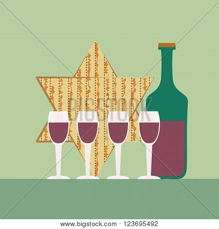 Happy Passover poster, card. Matzah bread, wine for Passover, Pesach celebration. Idea for card with kosher matzoh, decoration, invitation for pesach festival seder dinner. Vector illustration.