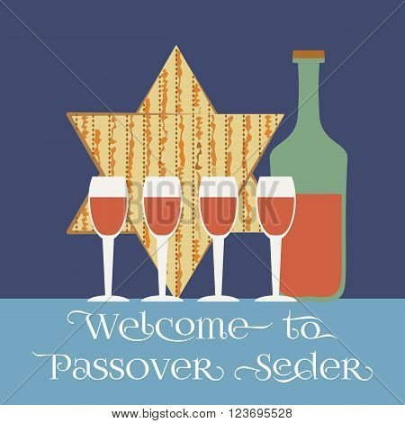 Happy Passover poster, card. Matzah bread, wine for Passover, Pesach celebration. Idea for card with kosher matzoh, decoration, invitation for pesach festival seder dinner. Vector illustration.