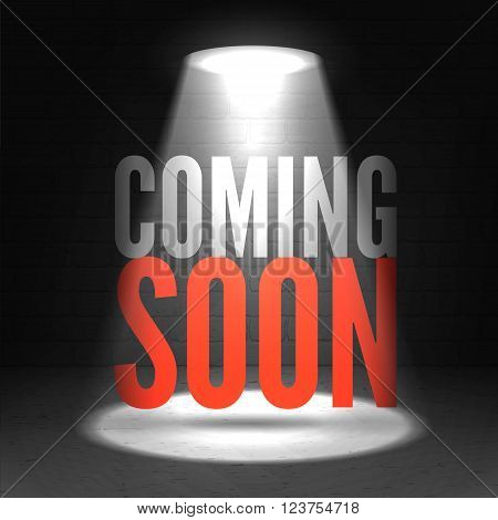 Coming soon in stage spotlight on dark background. Vector scene illuminated spotlight. Spotlight background vector. Coming soon on a show scene spotlight. Spotlight glow effect stage background.