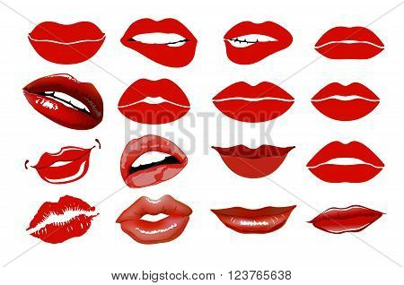 Set Of 16 Glamour Lips, With Vinous Lipstick Colors. Collage, Lips. Set Of Isolated Women Lips On Li