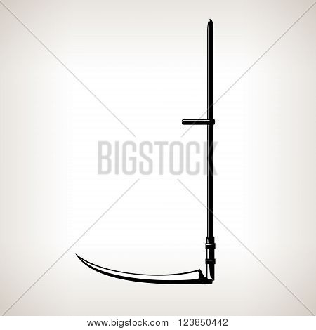 Scythe,  Agricultural Hand Tool for Mowing Grass or Reaping Crops, Silhouette Scythe on a Light  Background, Garden Equipment, Black and White Vector Illustration