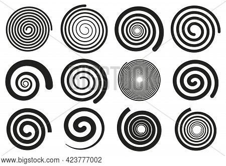 Abstract Spirals. Vortex Swirl Motion Elements, Simple Rotating Spirals Silhouettes Isolated Vector 