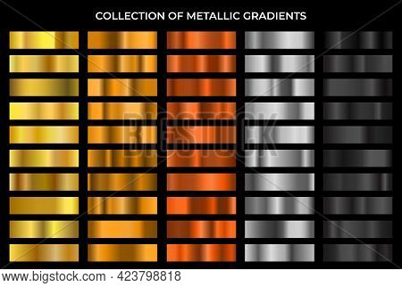 Big Metal Gradients Pack. Gold, Bronze, Silver And Black Texture Gradation Background Set. Vector Me