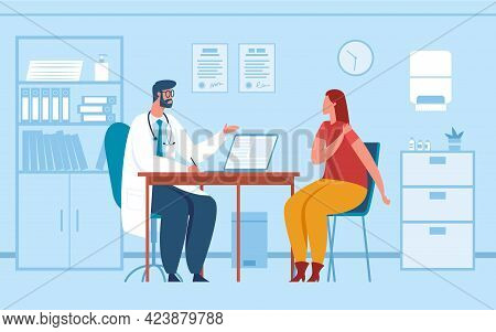 Doctor Consultation. Physician Consulting Or Diagnosing Patient In Office. Woman At Doctor Medical A