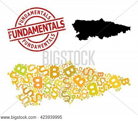 Textured Fundamentals Badge, And Money Collage Map Of Asturias Province. Red Round Badge Contains Fu