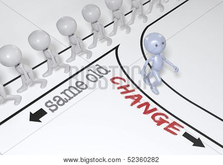 One person makes a change to a new different direction from crowd of people