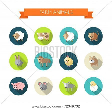 Set of flat design icons with farm animals