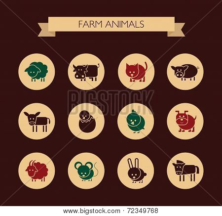 Set of flat design icons with farm animals