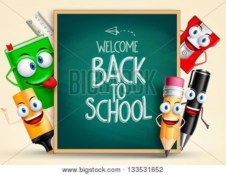 School vector characters of funny pencil, pen, sharpener and other school items holding blackboard with back to school writing. Vector illustration