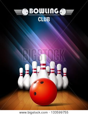 Bowling poster with ball and bowling pins.