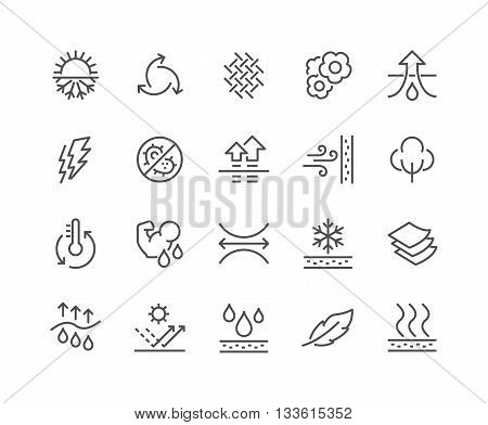 Simple Set of Fabric Feature Related Vector Line Icons. Contains such Icons as Waterproof, Layered Structure, Breathable Fiber, Ultraviolet Protection and more. Editable Stroke. 48x48 Pixel Perfect.