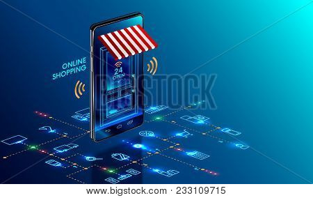 Online Shopping. Smartphone Turned Into Internet Shop. Concept Of Mobile Marketing And E-commerce. I