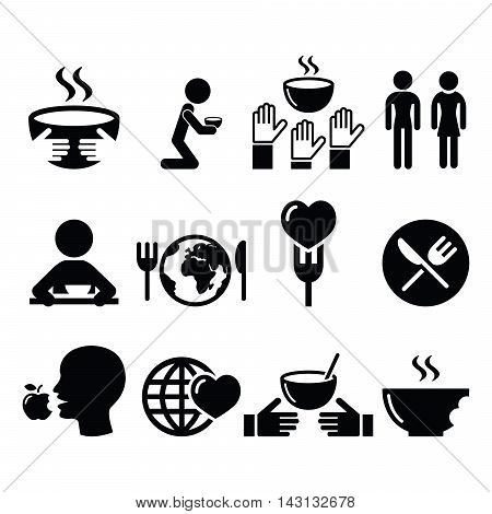 Hunger, starvation, poverty icons set - social issues, vector