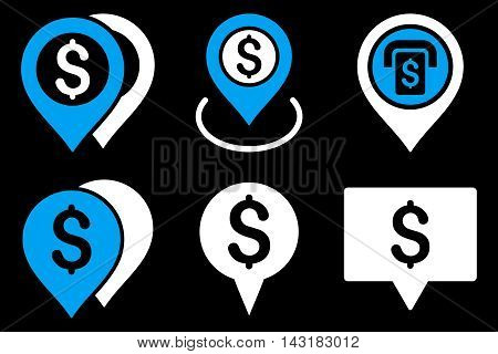 Dollar Map Pointer vector icons. Pictogram style is bicolor blue and white flat icons with rounded angles on a black background.