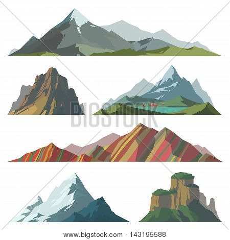 Different mountain vector illustration. Set of mountain silhouette elements. Outdoor icon snow ice mountain tops, decorative isolated. Camping mountain landscape travel climbing or hiking mountains