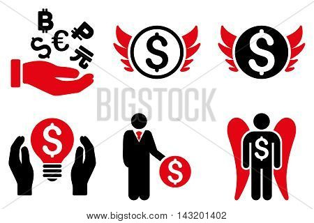 Angel Investor vector icons. Pictogram style is bicolor intensive red and black flat icons with rounded angles on a white background.