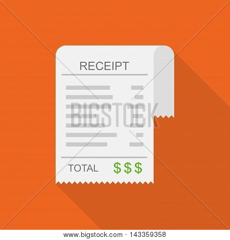 Receipt vector icon in a flat style. Invoice icon, total bill icon with dollar symbol on red background with shadow.