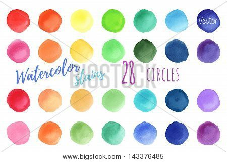 Hand painted rainbow watercolor circles. Set of watercolor abstract texture backgrounds. Watercolor circle design elements isolated on a white background. Watercolor round bubbles. Vector illustration