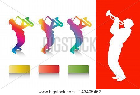 Jazz musicians. Jazz music festival. Saxophonist colorful silhouettes. Music Illustration, flayer. Web site template. Brochure design. Vector advertising.