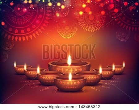 Elegant Illuminated Oil Lit Lamps, Beautiful Traditional Festive floral Background, Glowing Ornaments, Vector Illustration for Indian Festival of Lights, Happy Diwali Celebration.