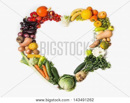 Fruits and vegetables are heart healthy. Heart of vegetables and fruits. The concept of healthy fresh food. Healthy food background