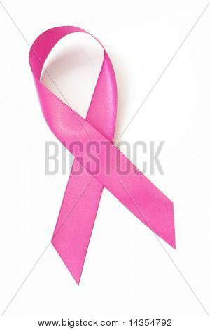 Rosa satin breast cancer awareness ribbon.  Gjutning naturlig skugga på vitt.