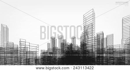 Perspective 3D Render Of Building Wireframe. Vector Wireframe City Background Of Buildings.