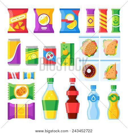 Vending Products. Snacks, Chips, Sandwich And Drinks For Vendor Machine Bar. Cold Beverages And Snac