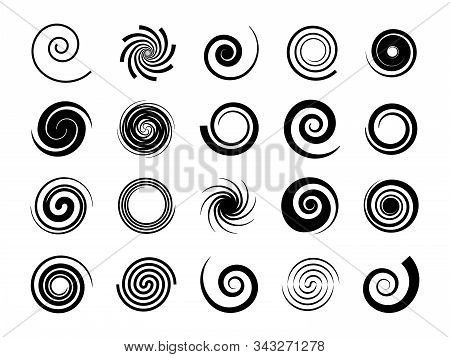 Spirals. Twisted Swirl, Circle Twirl And Circular Wave Elements, Psychedelic Hypnosis Symbols, Black